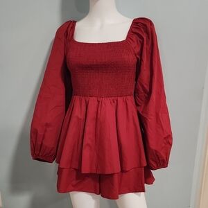 Red Smocked Long‑Sleeve Romper
